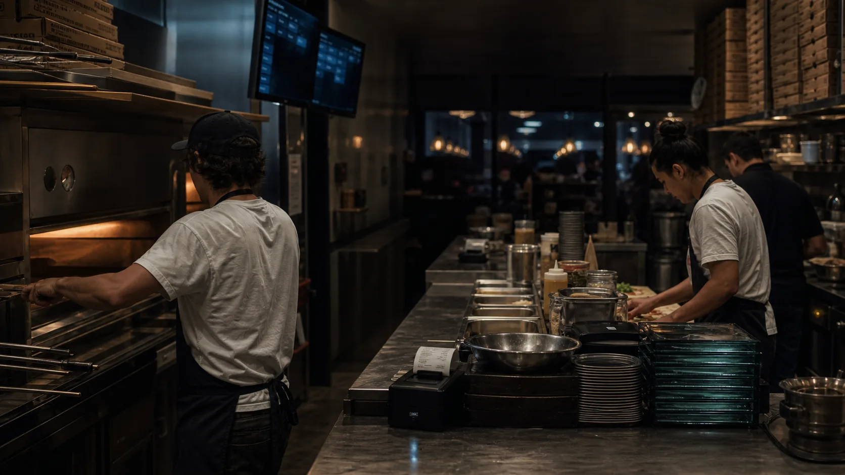 Independent restaurant kitchen during dinner service